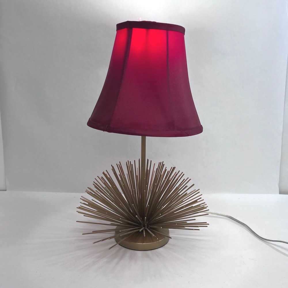 Gold Starburst Urchin Table Lamp MCM Style Pom Pom Magenta Shade Atomic Retro